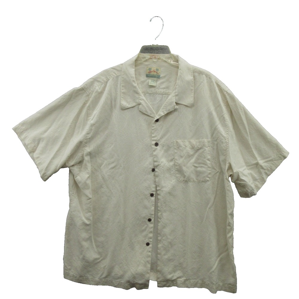 Reyn Spooner Mens Button Up Hawaiian Shirt Size 2XL Beige 100% Silk Short Sleeve